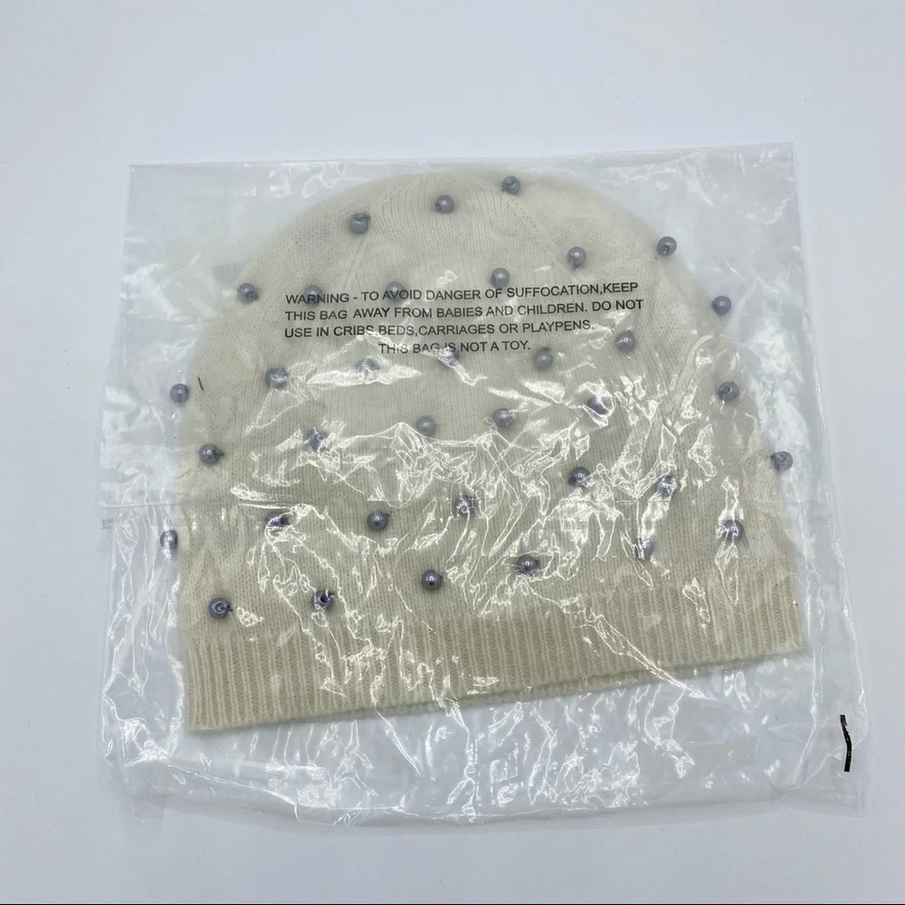 Quinn Cream Grey Pearl Trim Cashmere Beanie